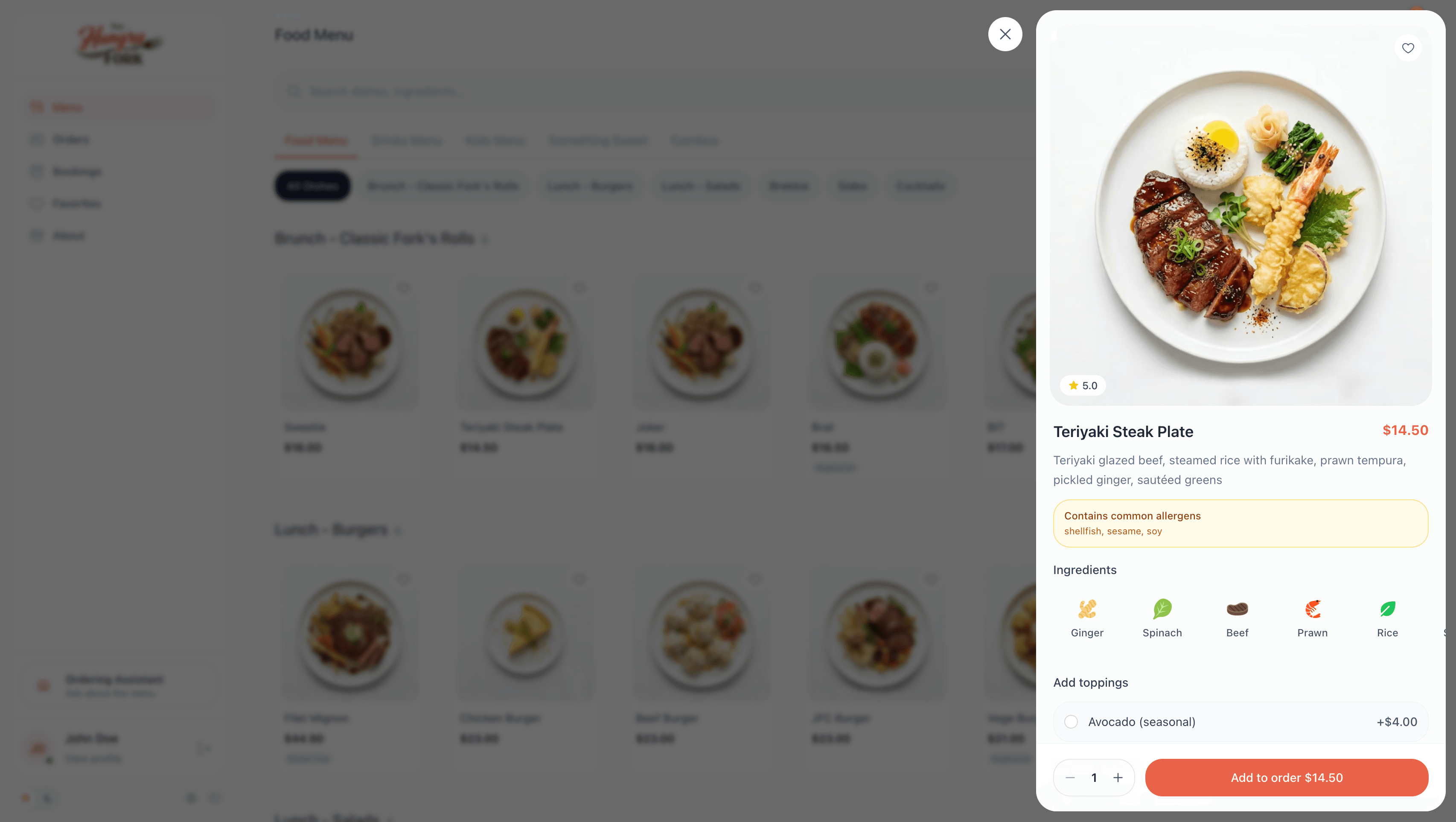 Menu item detail showing allergens, ingredients, and one-tap ordering