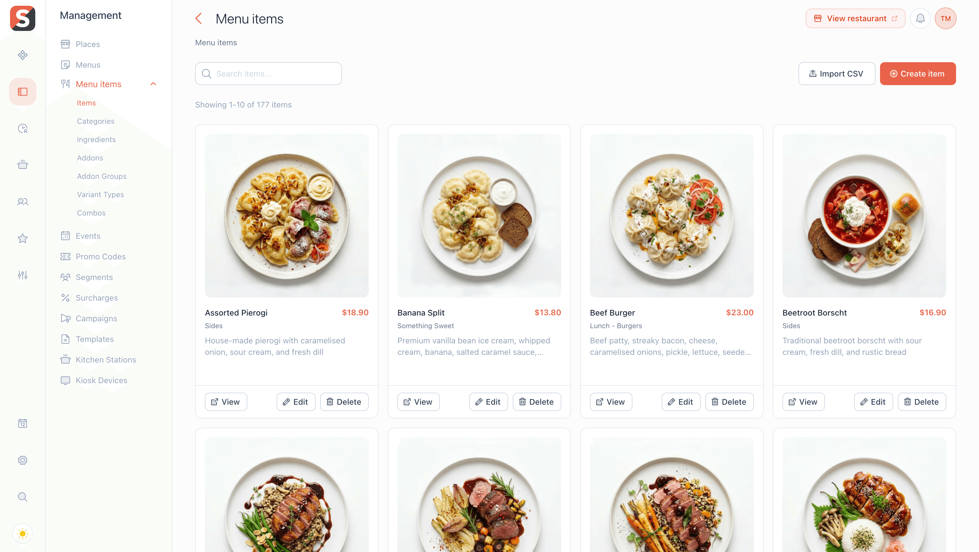 SmakSpace menu builder showing food items with photos, prices, and categories