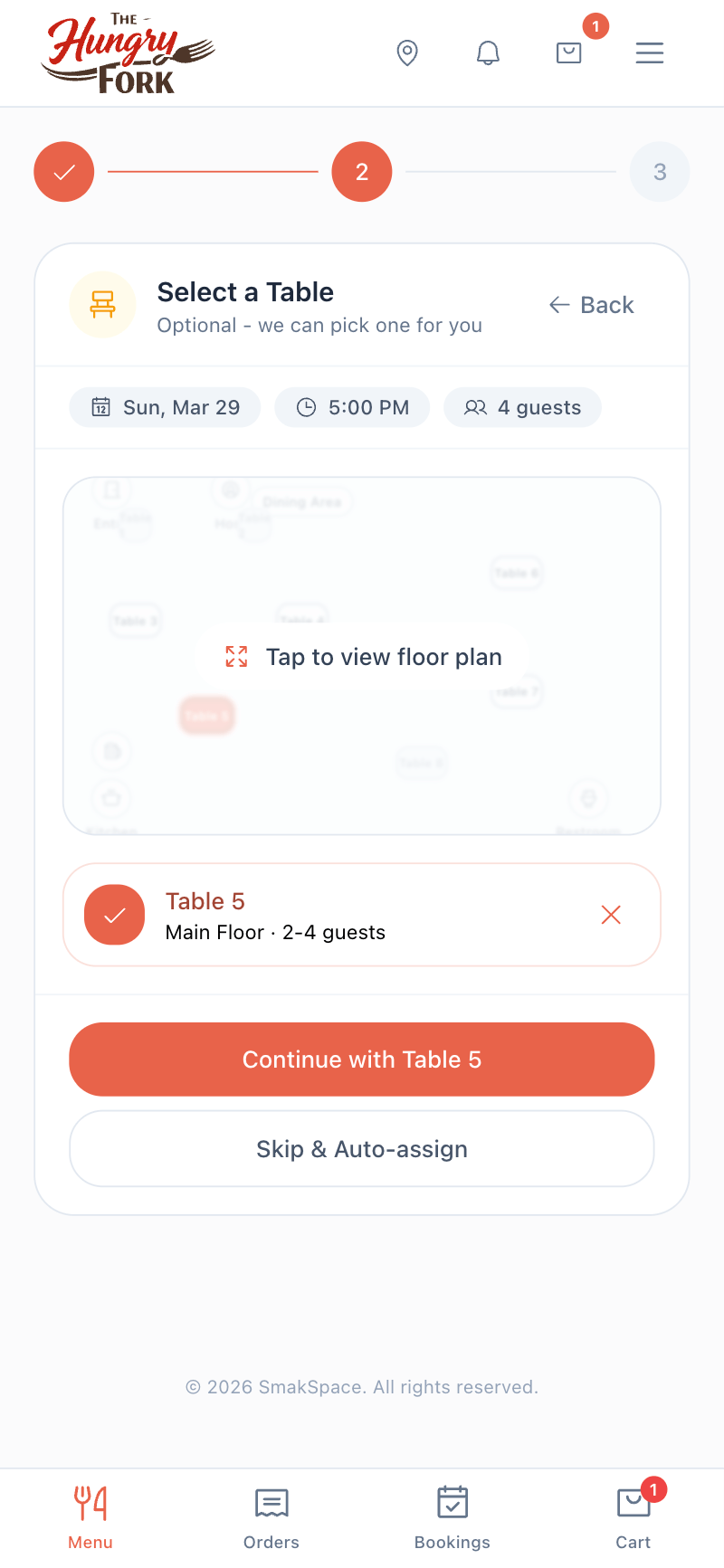 Table booking with floor plan and date selection