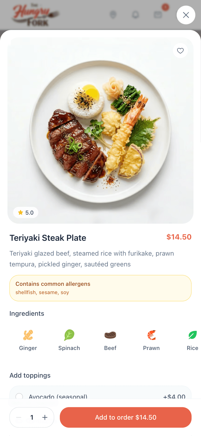 Menu item with food photo, allergens, and add to order
