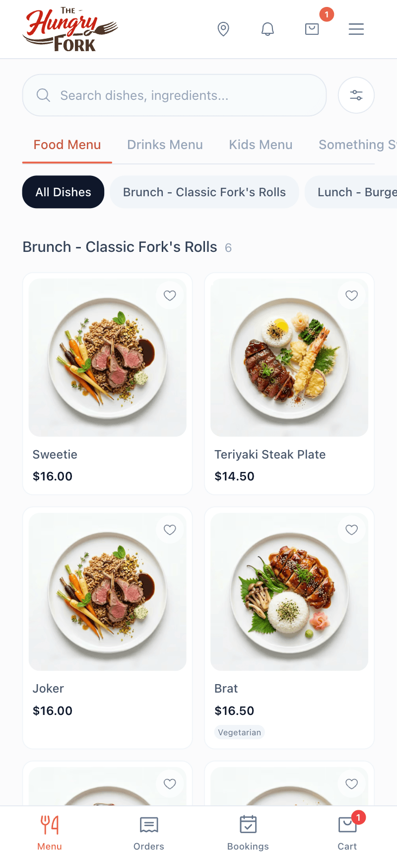 Mobile menu with food photos and categories