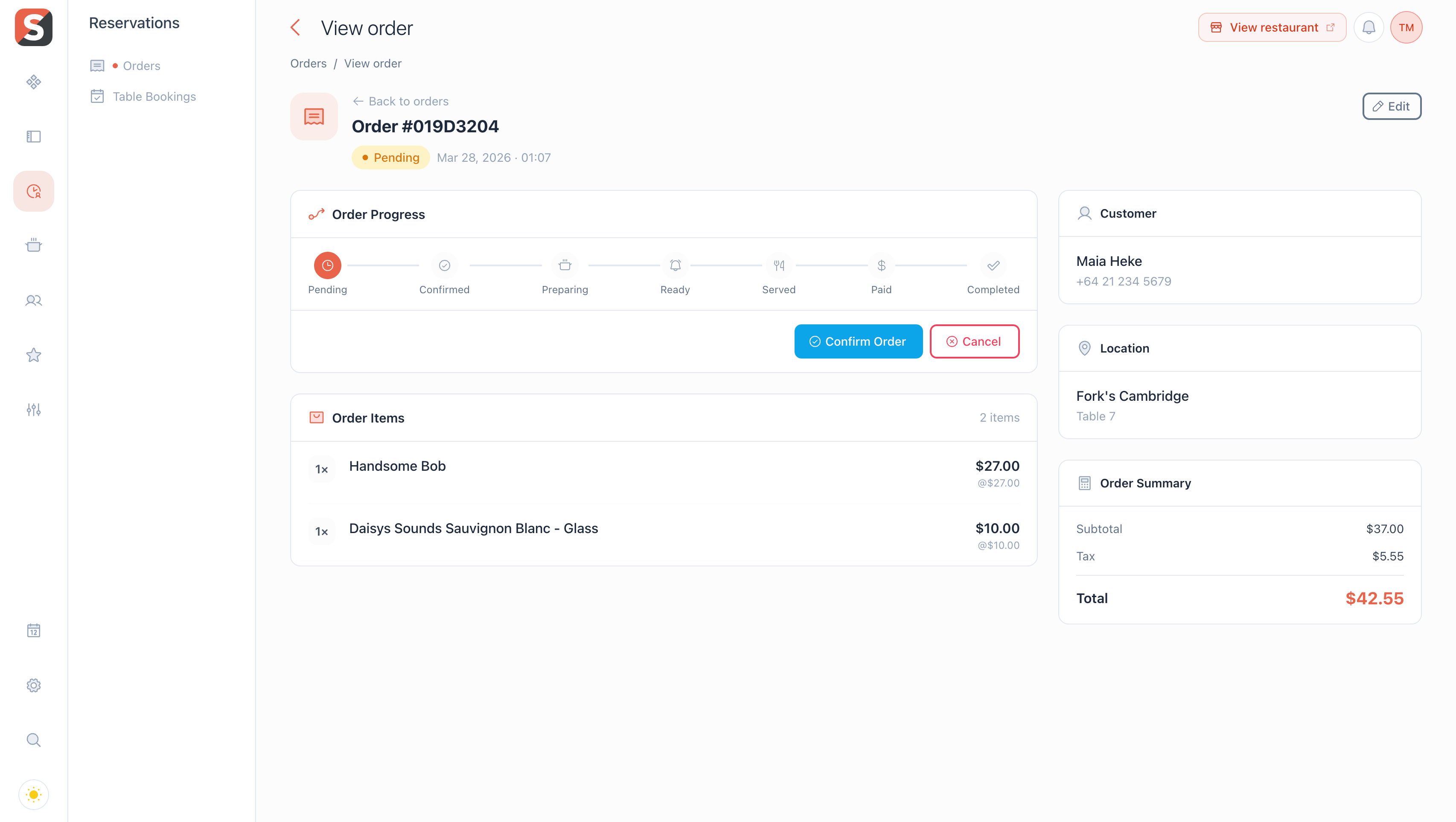 SmakSpace order tracking showing progress from pending to completed